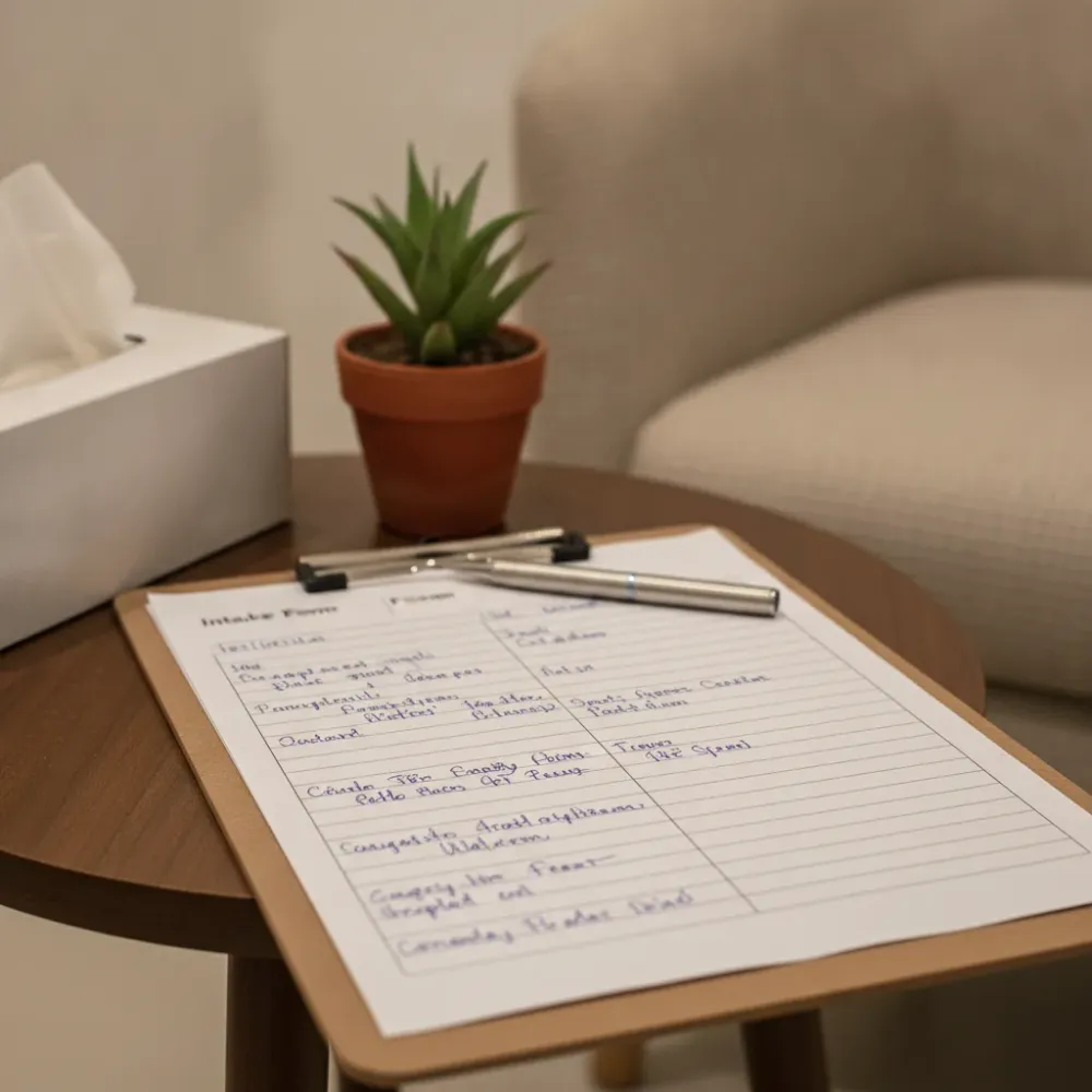 mental-health-clinic-intake-form-consultation-room-delhi Intake questionnaire on a clipboard beside tissues and a small plant in a mental health clinic room.