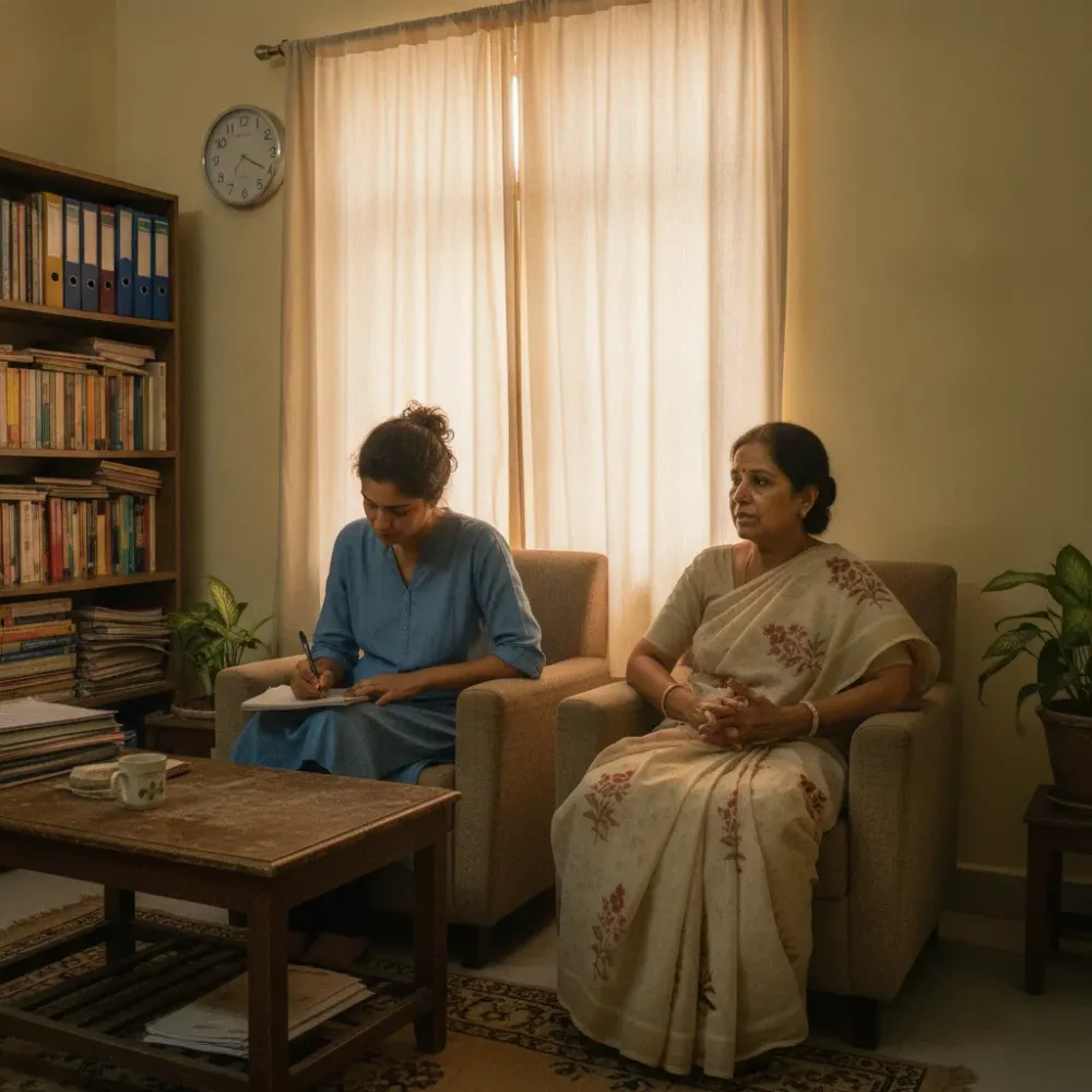 mental-health-clinic-session-psychologist-patient-delhi Two people in a mental health clinic session, one speaking and one taking notes, in a Delhi office room.