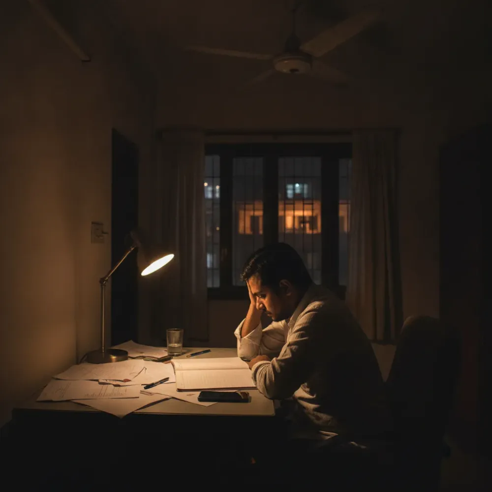 mental-health-signs-stress-delhi-resident-evening-home Person sitting alone at a desk at night in a Delhi apartment, staring at a notebook with visible stress.