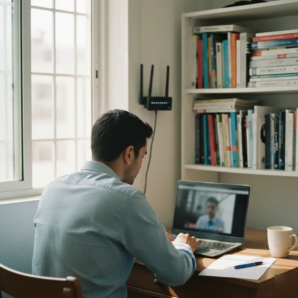 online-psychology-internship-supervised-session-delhi-apartment Psychology intern attending an online supervised internship session from a Delhi home study space.