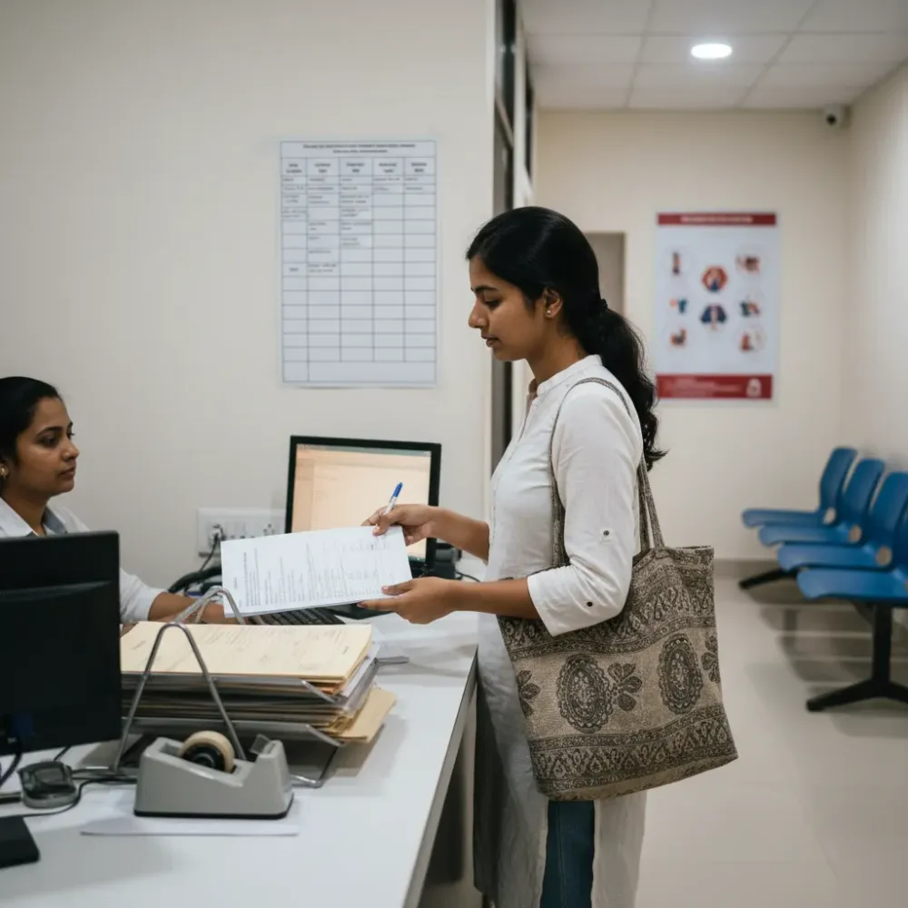 psychology-internship-application-submission-clinic-delhi Student submitting a psychology internship application at a clinic reception counter in Delhi.