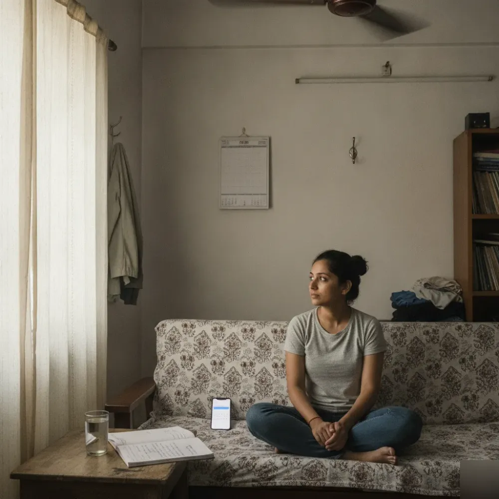 Person sitting at home in Delhi reviewing notes and scheduling next psychology appointment on smartphone.